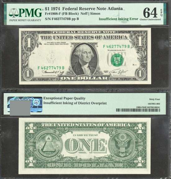 $1 1974 FRN Insufficient Inking Error Face PMG Choice Uncirculated 64EPQ
