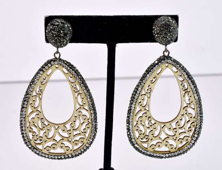 Fabulous Carved Wood Ladies Earrings with Accent Crystals
