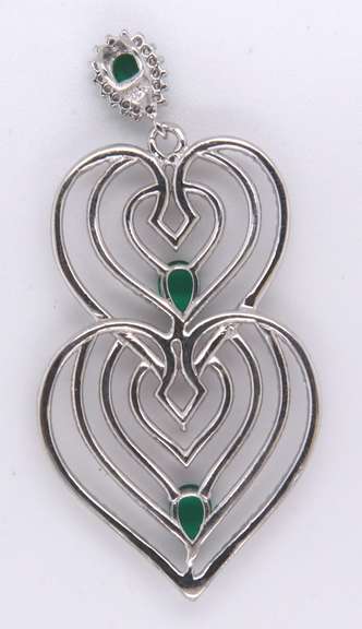 Twin Heart Sterling Silver Pendant with Cubic Zirconias and Three Green Gemstones