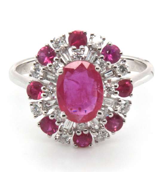 Incredibly Pure 18k Stamped White Gold Ruby Halo Ring with Diamonds