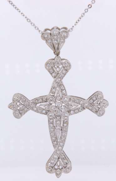 Fancy White Gold Diamond Ornate Cross Pendant on Chain Necklace