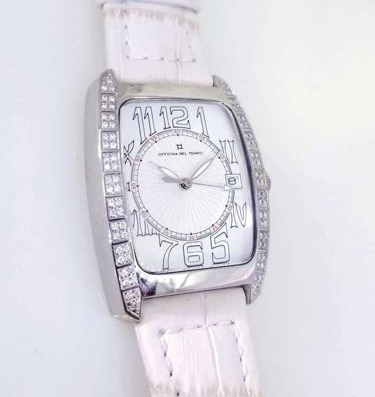 Officina Del Tempo Elegant Women’s Watch with 84 Natural Diamond white Leather Made in Italy