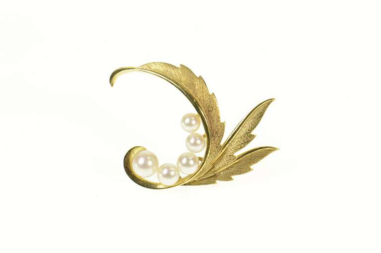14K Yellow Gold Retro Mikimoto Pearl Leaf Swirl Statement Pin/Brooch