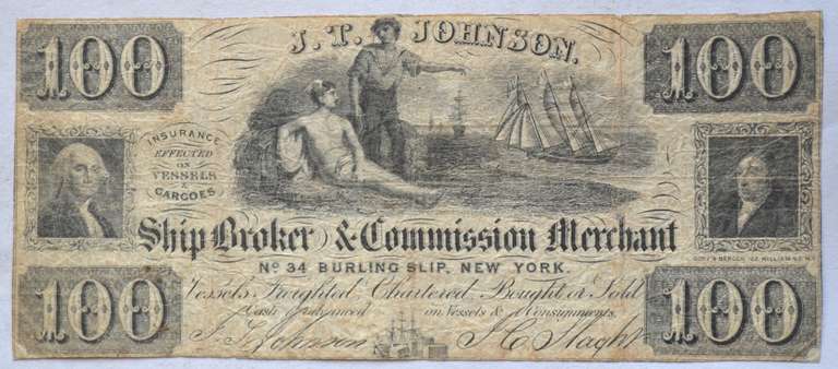 1850 Era $100 JT Johnson Ship Merchant Advertising Note