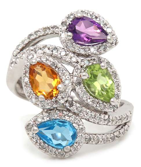 Pleasing White Gold Amethyst, Blue Topaz, Citrine and Peridot Ring