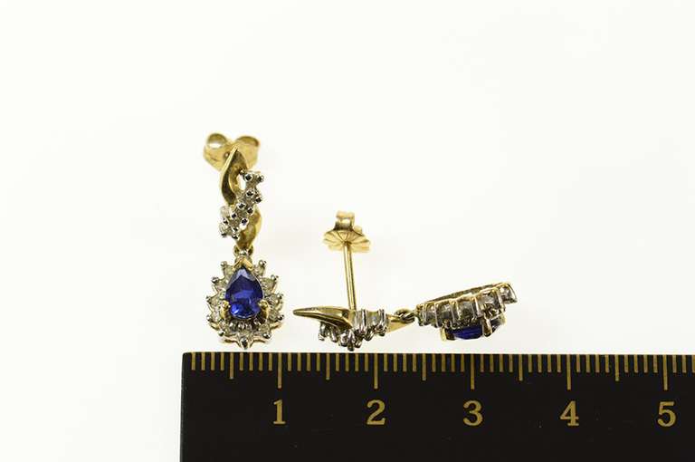 10K Yellow Gold Pear Syn. Sapphire Diamond Halo Dangle Earrings