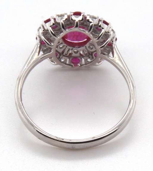 Incredibly Pure 18k Stamped White Gold Ruby Halo Ring with Diamonds