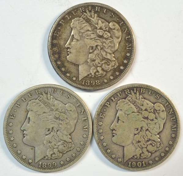 3 Key dates 1898-S, 1899-S, & 1901-S Morgan Dollars