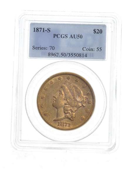 AU50 1871-S $20 Liberty Head Gold Double Eagle - Graded PCGS