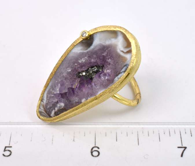 Large Multi-Color Geode Formation & CZ Set within A Yellow Gold Plated Sterling Silver Ring