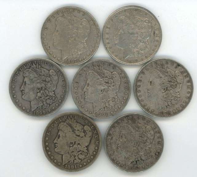 7 diff. Morgan Silver Dollars 1879 to 1901-O. Very nice circs
