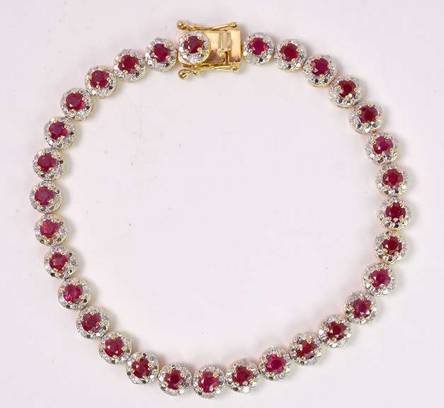 Ravishing 6.25CTW Rubies Set in Yellow Gold Plated Sterling Silver Bracelet with 0.88CTW Sparkling Diamonds Accents