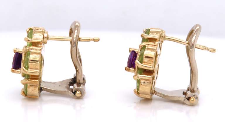 Gorgeous Peridot, Amethyst Flower Yellow Gold Earrings