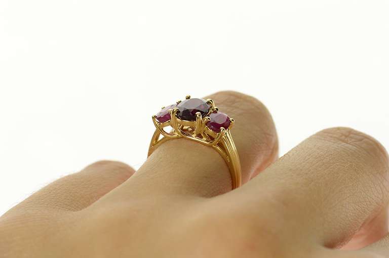 14K Yellow Gold Oval Garnet Natural Ruby Accent Three Stone Ring