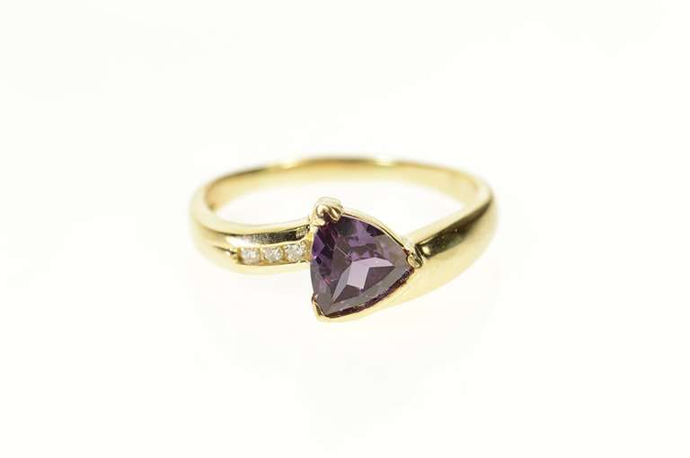 14K Yellow Gold Ornate Trillion Amethyst Diamond Statement Ring