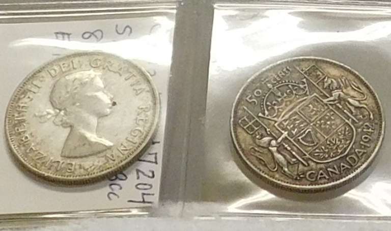 2 coins, Canada Hf Dols,Eliz II $ George VI, 80 % Sil