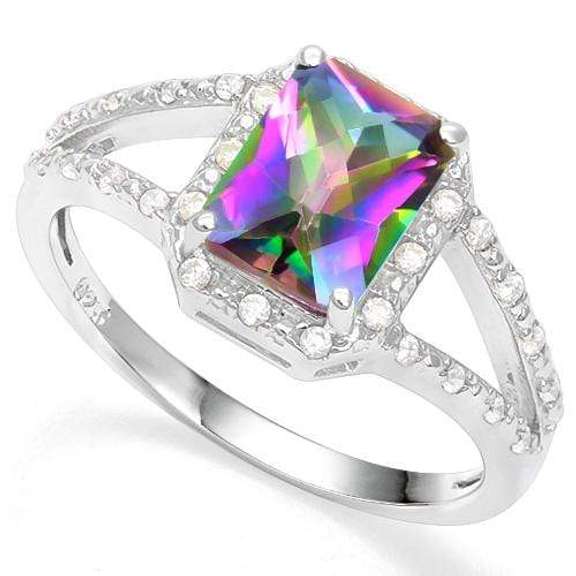 925 STERLING SILVER OCT 6*8 MM MYSTIC GEMSTONE & DIAMOND WOMEN RING
