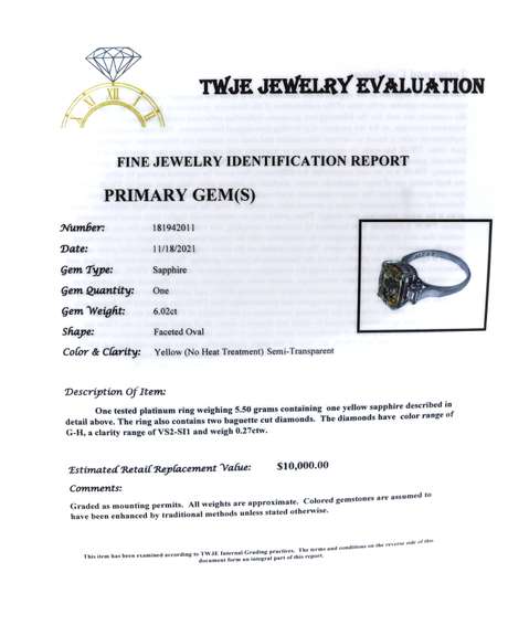 Incredible Platinum Heat Yellow Sapphire and Diamond Ring