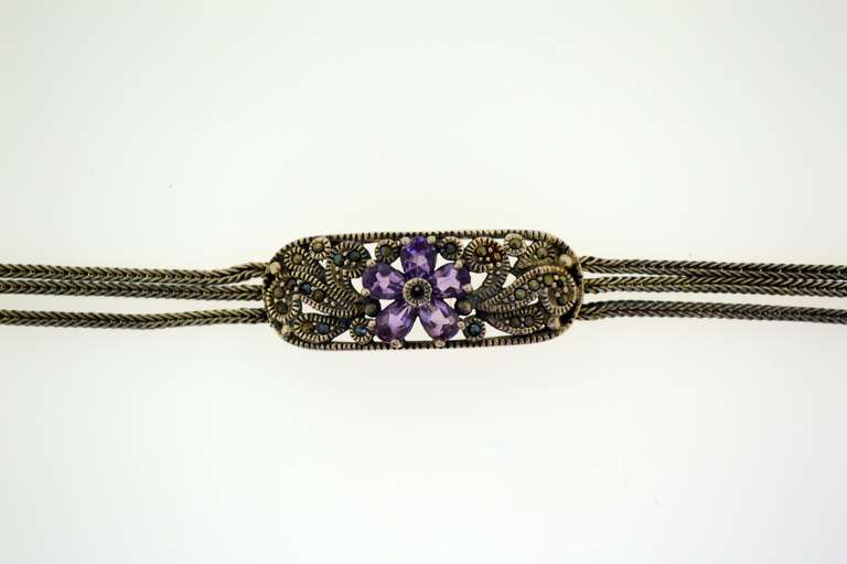 Vintage Sterling Silver Floral Amethyst Chain Bracelet