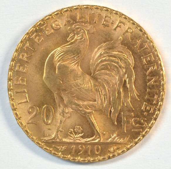 Gem BU 1910 France 20 Francs Gold 'Rooster' coin