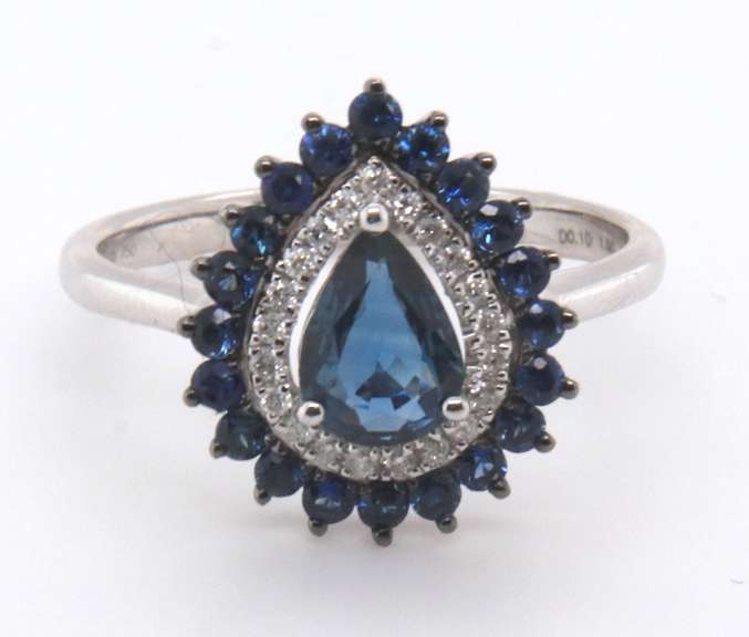 18k Stamped White Gold Ocean Blue Teardrop Sapphire Ring with Diamonds