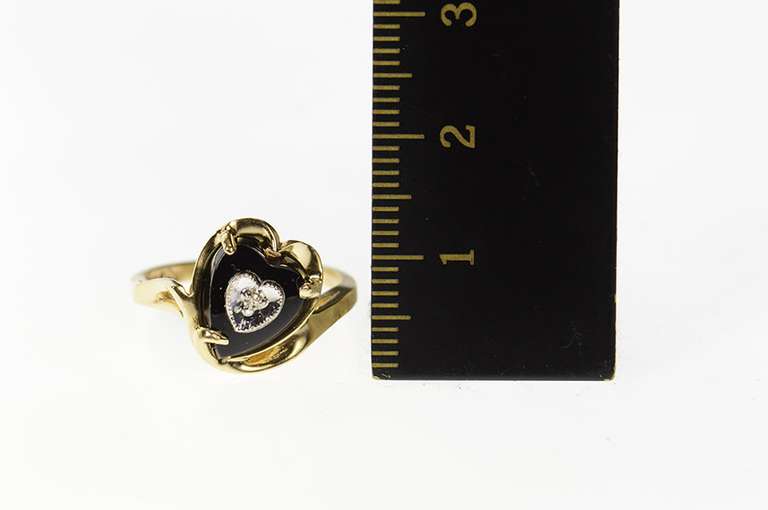 10K Yellow Gold Heart Black Onyx Diamond Bypass Retro Ring