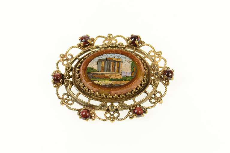 14K Yellow Gold Micromosaic Parthenon Goldstone Scalloped Pin/Brooch