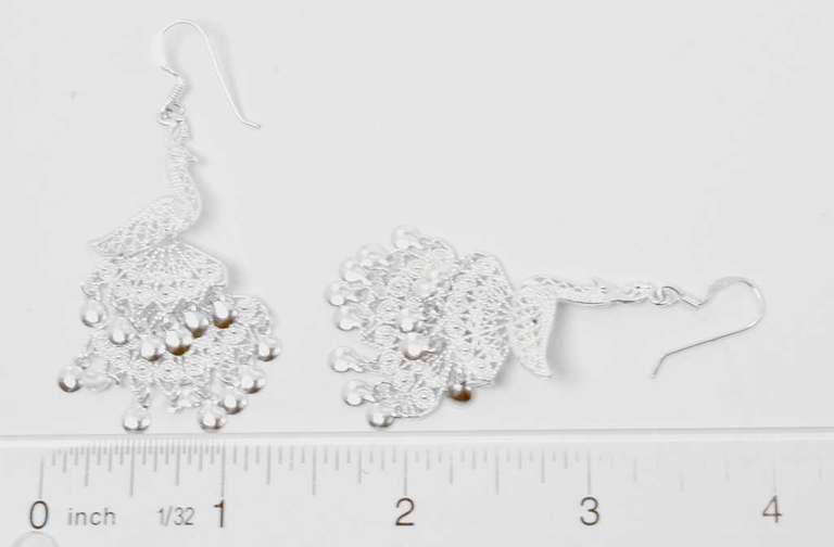 Sterling Silver Ornate Peacock Earrings.