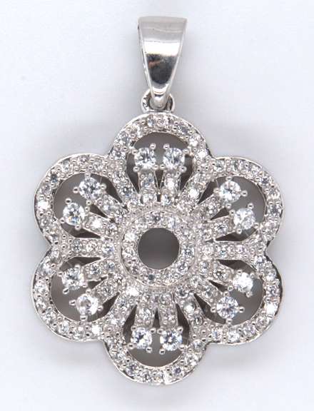 Flower Shaped Sterling Silver Pendant with Cubic Zirconias