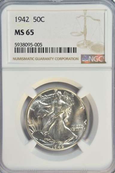 Gem BU 1942 Walking Liberty Half Dollar. NGC MS65