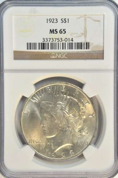 Creamy-white Gem BU 1923 Peace Silver Dollar. NGC MS65