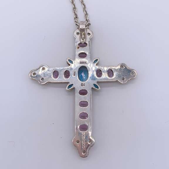 Sterling Silver & Gemstone Cross Pendant Necklace