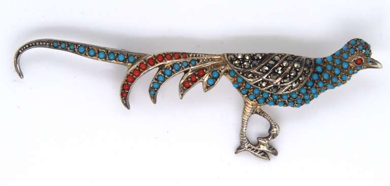 Sterling Silver Roadrunner Gemstone Brooch