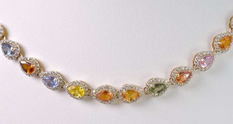 Colorful Sapphires Set in 14K Yellow Gold Diamond Necklace