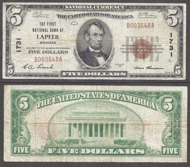 $5 1929-I The First National Bank of Lapeer, MI Ch 1731