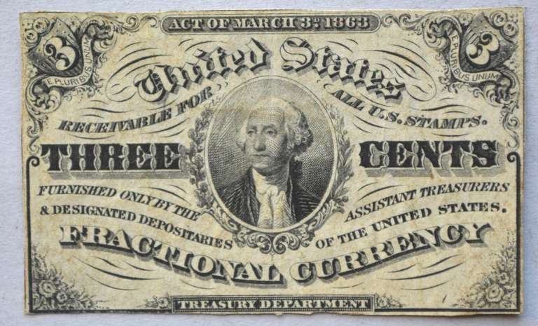 Near Unc 3 Cent US Fractional Currency Note