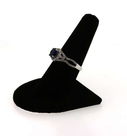 Sterling Silver Bridal Set Ring with Deep Ocean Blue Gemstone and Cubic Zirconias