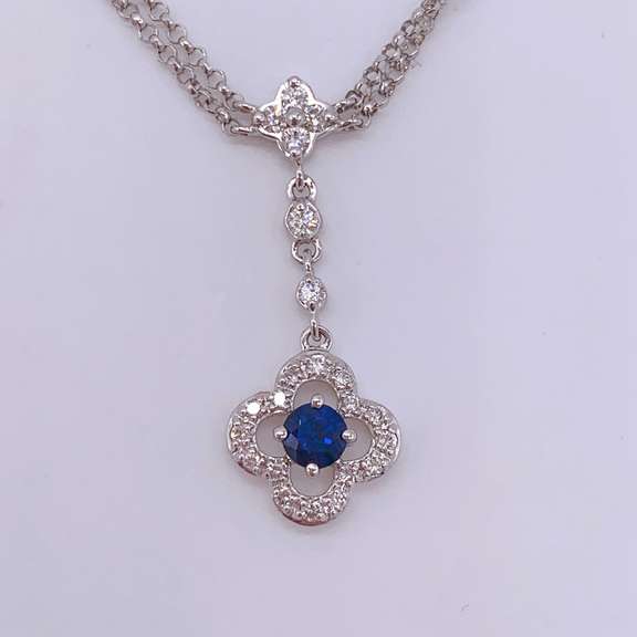 14kt White Gold, Blue Sapphire, & Diamond Necklace