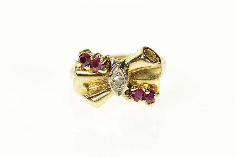 14K Yellow Gold 1930's Ruby Diamond Bow Ornate Statement Ring