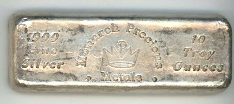 Vintage Monarch HAND POURED 10 Troy Oz .999 Fine Silver Bar