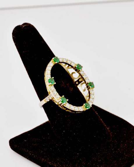 Sterling Silver Gold Plated Green And White Gemstone Ring.