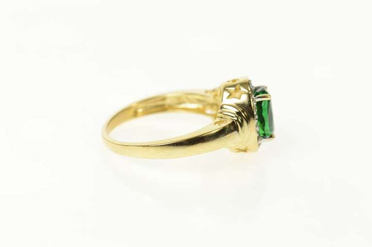 10K Yellow Gold Oval Syn. Emerald Diamond Halo Statement Ring