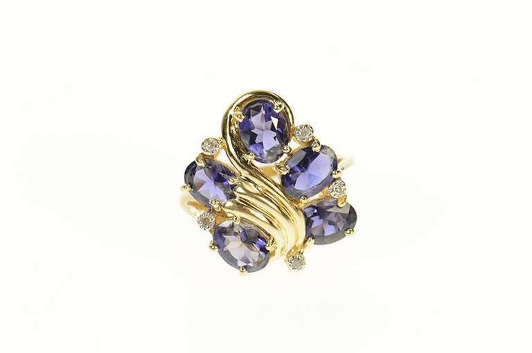 14K Yellow Gold Iolite Diamond Cluster Ornate Cocktail Ring