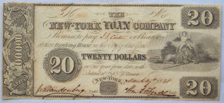 $ 20 March 2 1838 New York Loan Co New York Note
