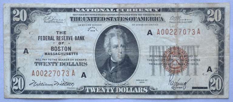 $ 20 Series of 1929 National Currency Boston Note