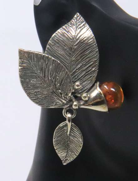 Sterling Silver Amber Leaf Earrings