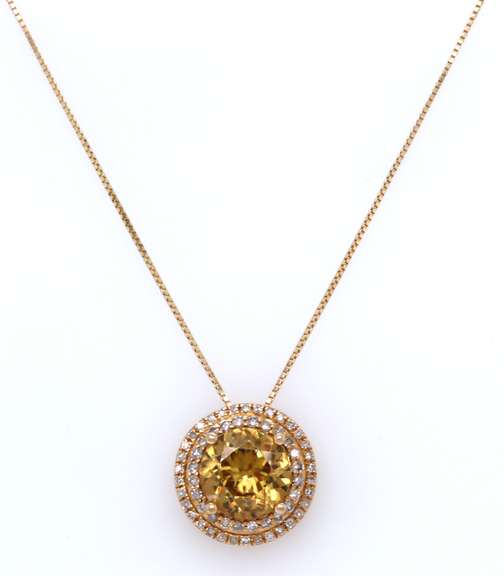 Fantastic Golden Zircon w Double Diamond Halo Pendant on Chain