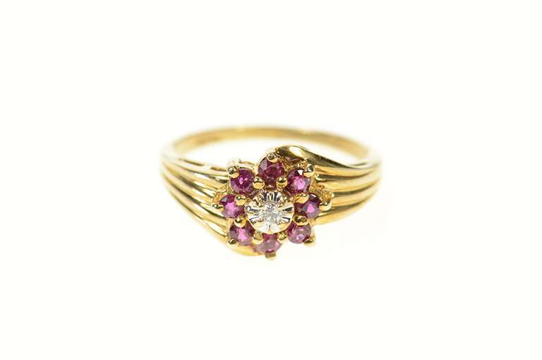 10K Yellow Gold Diamond Ruby Halo Round Flower Cluster Ring