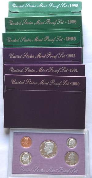 6 1980 -90 Era US Proof Sets . 1987-1991 1996 1998
