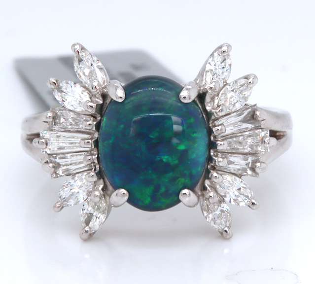 Masterpiece Platinum Oval Cut Black Opal and Diamond Ring